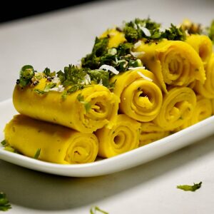 Rolled Khandvi snack showcasing its smooth texture and vibrant color.