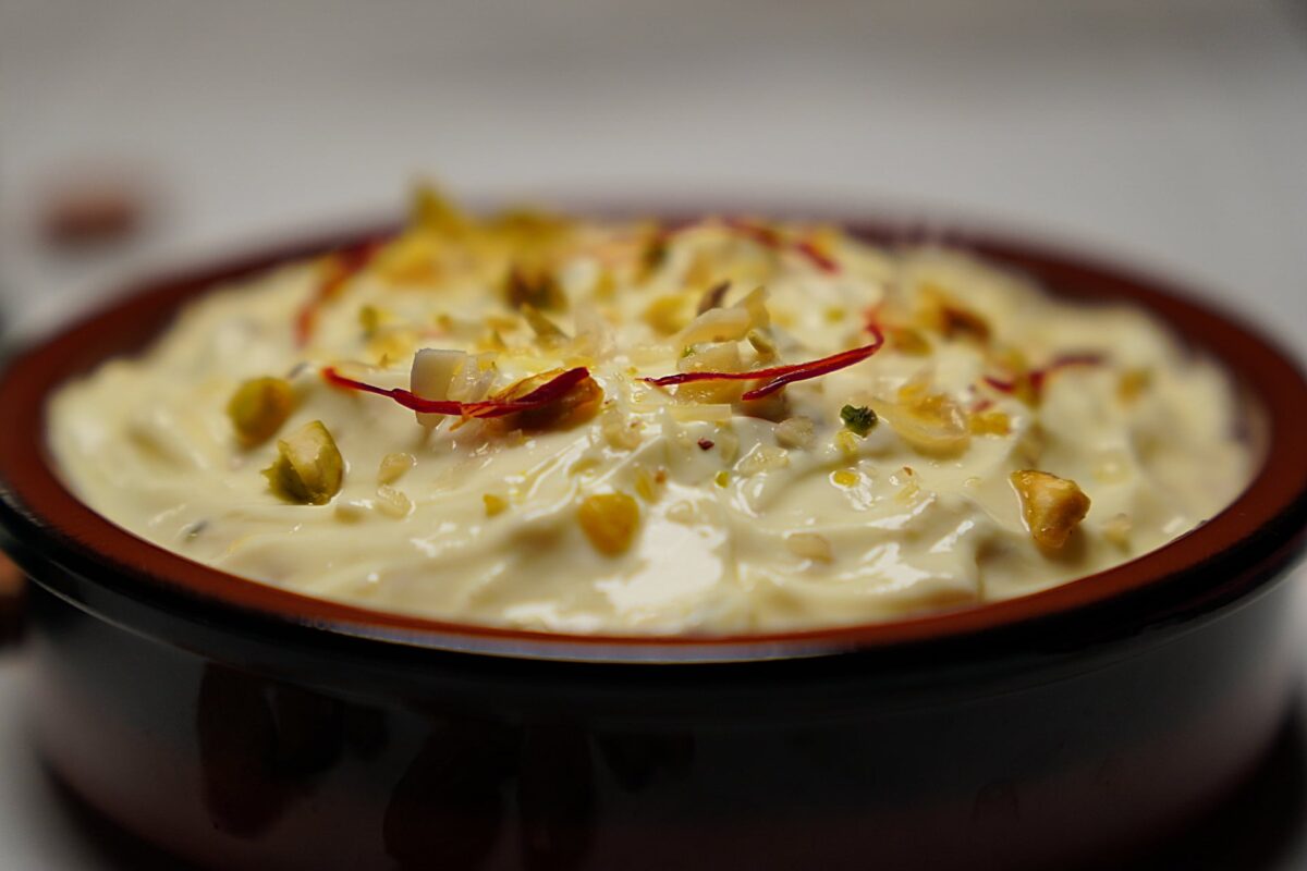 Traditional Rajbhog Matho served with slivered almonds, pistachios, and delicate saffron threads