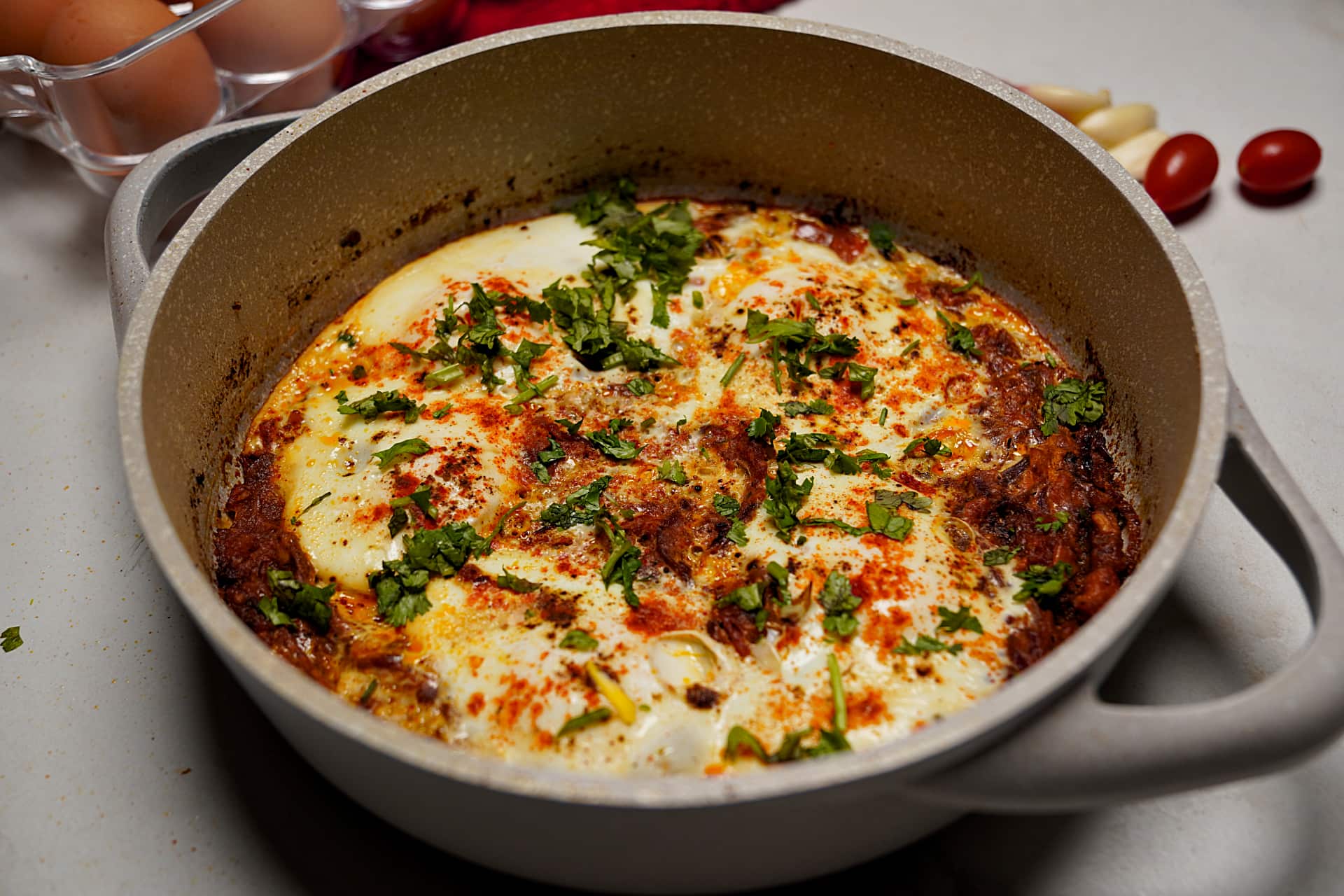 Indian-Style Shakshouka with perfectly poached eggs in spicy tomato gravy