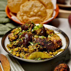 Crispy Mekhi Na Muthia, mixed vegetables in authentic Gujarati Undhiyu with puri