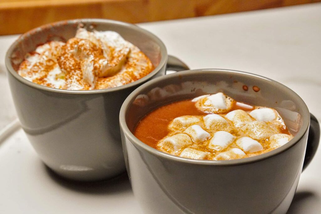 A side-angle shot of a white ceramic mug filled with rich, creamy dark hot chocolate garnished